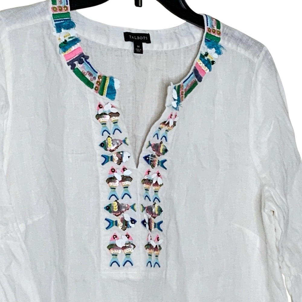 Talbots White Tunic with Colorful Embroidery. Linen. Size M - Picture 3 of 7
